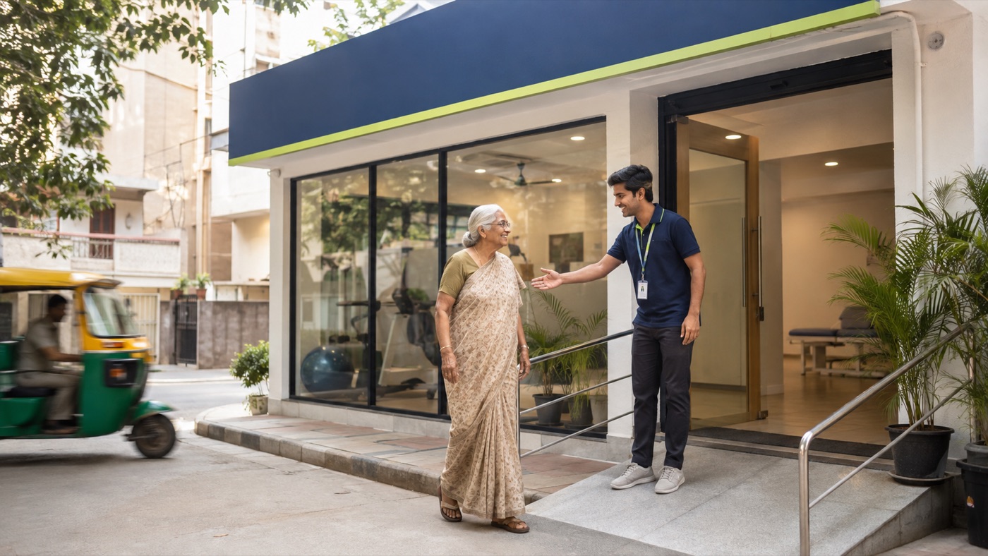 The entrance of AVR Physiocare on Bannerghatta Road with its wheelchair ramp