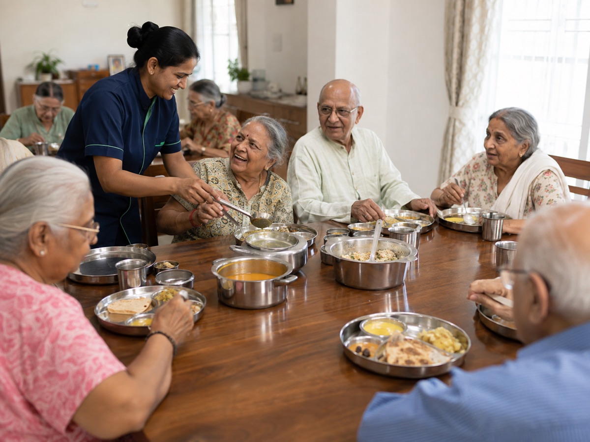 Residents sharing a home-cooked meal at the care residence
